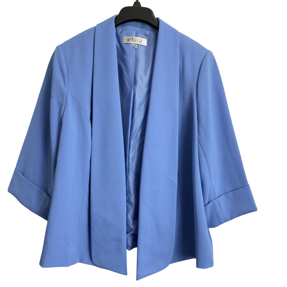 Kasper Womens Blue Open Front Shawl Collar Blazer 3/4 Cuffed Sleeve Size 2X